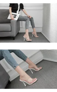 Nahaufnahme weißer Sandaletten mit hohen Absätzen und klaren, transparenten PVC-Riemen