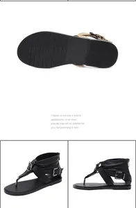 Detail view of women's flat gladiator thong sandals with ankle buckle straps