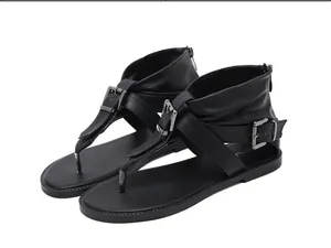 Elegant black flat T-strap Roman sandals for women with buckle straps and back zipper