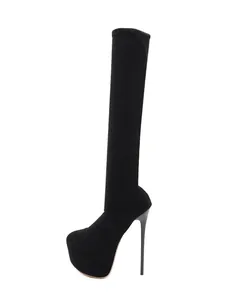 Elegant sexy black over-the-knee platform stiletto sock boots with 16cm super high heels