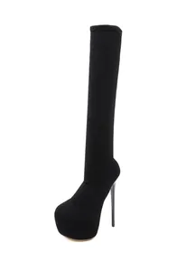 Detail view of black over-the-knee stretch boots with 16cm stiletto heel and platform.