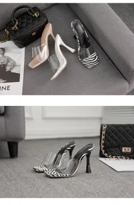 Detailansicht der Zebra-Print Sandalen mit transparentem PVC-Riemen auf grauem Grund