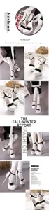Collage showing various angles of sexy platform stiletto sandals with black and white straps