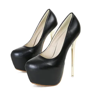 Detailed side view of elegant black platform pumps with gold stiletto heels for women