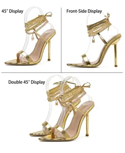 Detailansichten goldener Stilettos mit offener Spitze und eleganter Goldkettenschnürung
