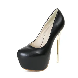 Detailed view of elegant black high-platform pumps with slim gold metal stiletto heels.