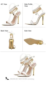 Mehrere Ansichten von weißen Stiletto-Sandalen mit Goldketten und Spitze