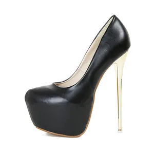 Side view of elegant black platform stiletto pumps featuring sleek gold-toned high heels