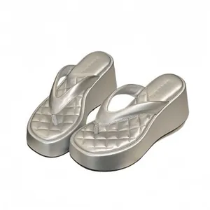 Stylish silver platform thong wedge sandals with quilted texture for women summer wear