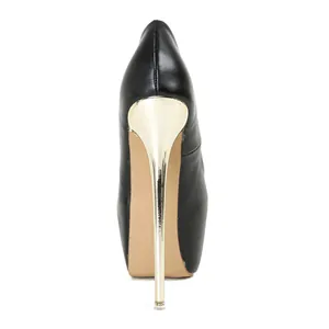 Rear view of black high heel pump with elegant gold stiletto and platform detail