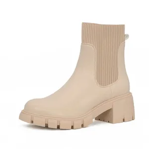 Women Chelsea Boots Chunky Heel Thick Sole Mid Calf Knit Patchwork Martin Boots Autumn Winter Casual Shoes
