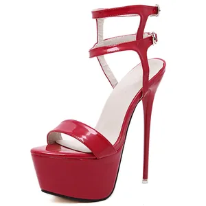 Sexy red patent leather pole dance heels with high platform and stiletto sandals