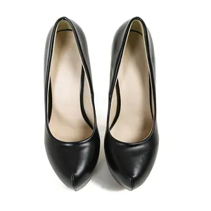 Top-down view of elegant black platform stiletto pumps featuring a sharp pointed toe design