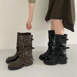 Französische Western Cowboy Damen Stiefel Mittelhoch Dreichfache Schnallenriemen Slouchy Gamaschen Stiefel Blockabsatz PU-Leder