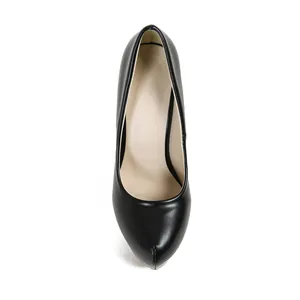 Top-down view of elegant black high-heeled shoes with a stylish platform and stiletto design