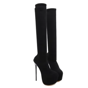 Sexy black over-the-knee knit boots featuring super high stiletto heels and platform