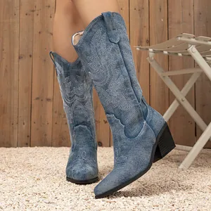 Retro embroidered denim western cowboy boots for women with high block heels