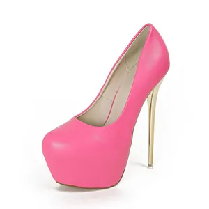 Side view of vibrant pink high platform pumps with gold stiletto heels for clubwear events