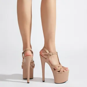 Close-up of 17cm nude platform high heel sandals with T-strap design on a model.