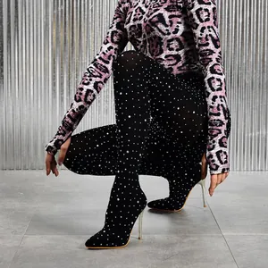 Women Sparkly Rhinestone Stiletto Pant Boots Pointed Toe Stretch Over The Knee High Heel Boots Fashion Party Pantashoes