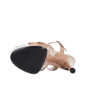 Elegant nude 17cm platform stiletto sandal with ankle strap and textured black sole
