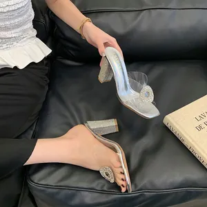 Elegant silver PVC transparent mules with sparkling rhinestone buckle and chunky heels