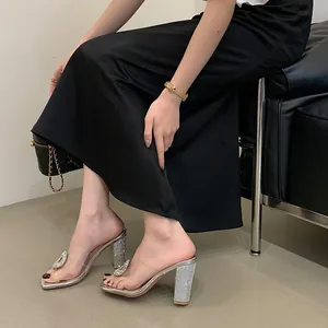 Elegant detail of silver PVC transparent high heel mules with luxury rhinestone buckle