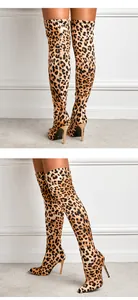 Detailed rear and side views of leopard print over-the-knee boots with slim high heels