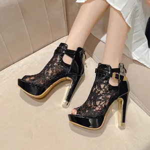 Sandales à Talons Hauts Plateforme en Dentelle Peep Toe pour Femmes avec Bride à la Cheville Chaussures de Fête Mariage
