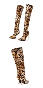 Detailed view of leopard print over-the-knee boots featuring elegant gold stiletto heels