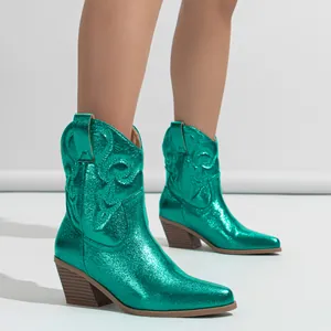 Women Vintage Western Cowboy Boots Metallic Embroidery Pointed Toe Chunky High Heel Slip On Fashion Mid Calf Boots For Party