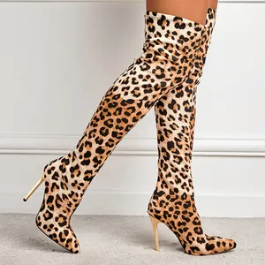 Sexy leopard print over-the-knee boots with pointed toe and slim stiletto high heels
