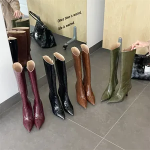 Elegant croc-embossed knee-high boots with stiletto heels in four stylish colors