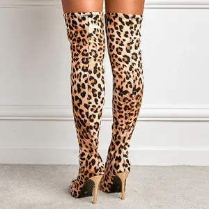 Fashionable sexy leopard print over-the-knee stiletto boots with elegant pointed toe