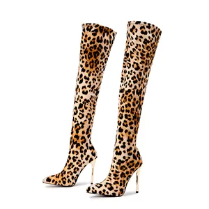 Elegant women's leopard print pointed toe high heel boots with metallic stiletto