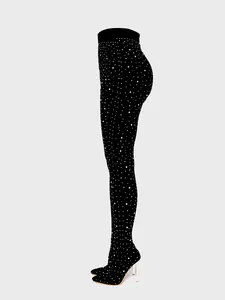 Elegant black rhinestone stiletto pant boots with pointed toe and stretch fabric