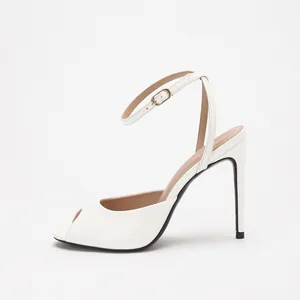 Elegant white mirror patent leather peep-toe stiletto heels with adjustable ankle strap