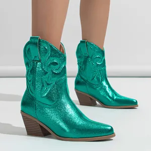 Metallic emerald green western boots with embroidery and chunky heels for women