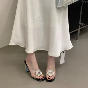 Elegant transparent PVC block heel mules with sparkling rhinestone buckle detail.