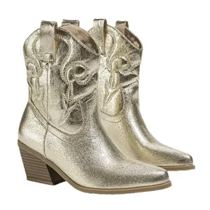 Vintage metallic gold western cowboy boots with embroidery and block heel for women