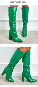 Green glossy croc-embossed pointed toe knee-high boots with chunky heels for women