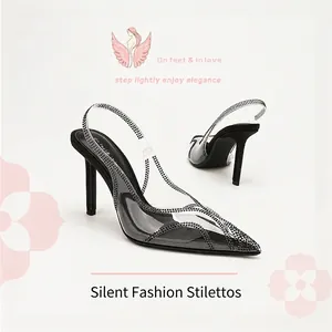 Women Transparent PVC Rhinestone Pointed Slingback High Heel Sandals Elegant Satin Stiletto Party Wedding Dress Shoes