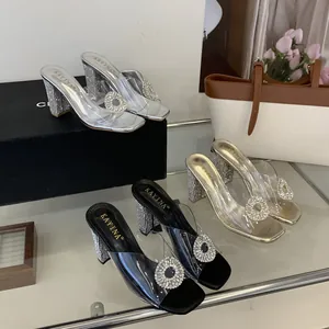Detailed view of PVC transparent sandals with rhinestone buckles in three colors