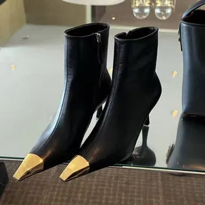 Women's Microfiber Leather Ankle Boots Gold Metal Square Toe Stiletto Heel Side Zipper Boots For Office Professional Lady