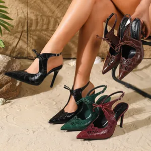 Retro Satin Stone Pattern Pointed Toe Slingback Sandals For Women Elegant Bowknot Hollow Out Stiletto Heels Summer Party Shoes