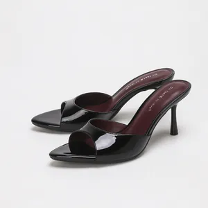 Elegant black patent leather fish mouth stiletto heel mules for women