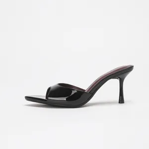 Elegant black patent leather peep toe stiletto heel mules for women stylish office wear