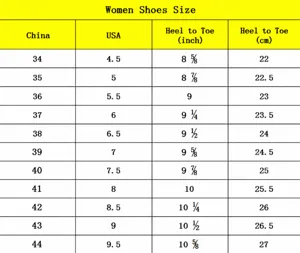Detailed size chart for women's high heel sandals showing China and USA conversions