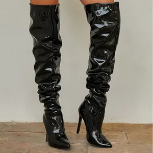 Women's Slouchy Over-the-Knee Boots Patent Leather Pointed Toe Stiletto High Heel Side Zipper Slouched Fashion Long Boots
