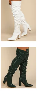 Vue détaillée des bottes cuissardes plissées blanches et vert foncé à talons carrés.